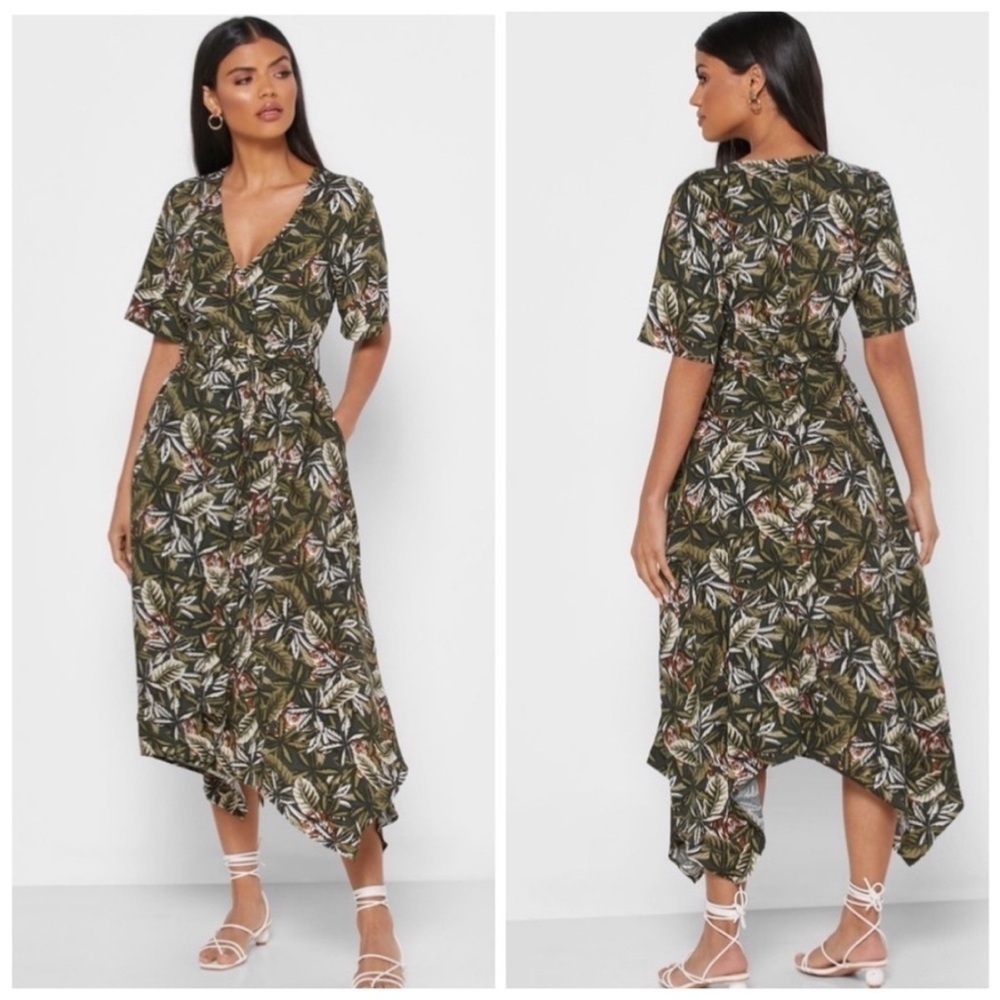 Banana Republic Tiger Leaf Wrap Midi Dress Asymmetrical Hem Petite 00 - Picture 14 of 14
